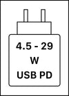 Устройството поддържа бързо зареждане чрез USB PD, дефинирано от USB Implementers Forum (USB-IF)