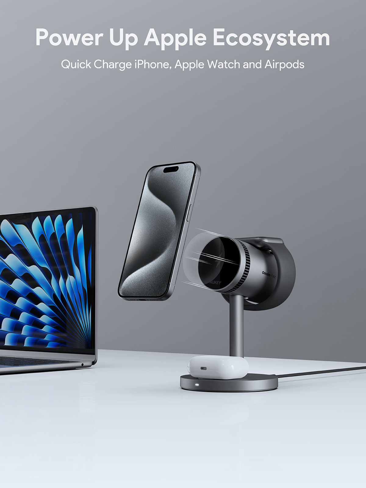 Зарядна стойка от AUKEY 3 в 1 - с активно охлаждане