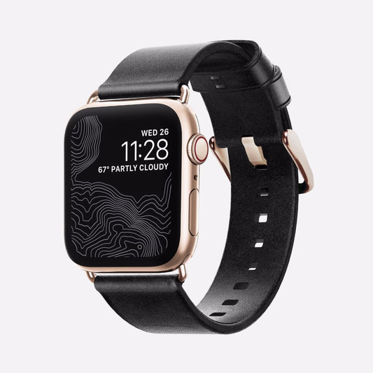 Каишка за Apple Watch от Nomad - 40/38 mm кожена черна със златиста закопчалка - iSTYLE BG