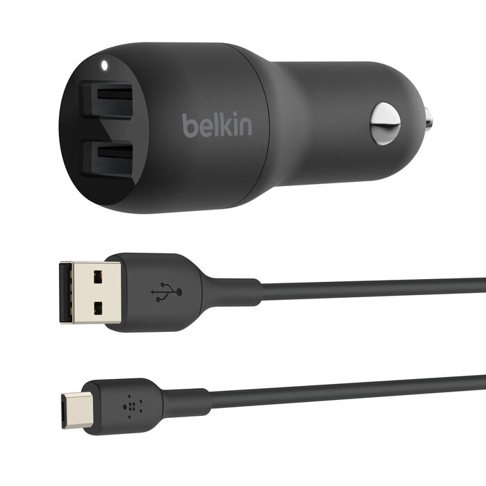 Belkin BOOST CHARGE Car Charger Dual USB-A 24W + USB-A to Micro-USB Cable - Black