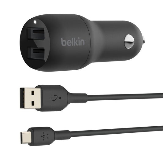 Belkin BOOST CHARGE Car Charger Dual USB-A 24W + USB-A to Micro-USB Cable - Black