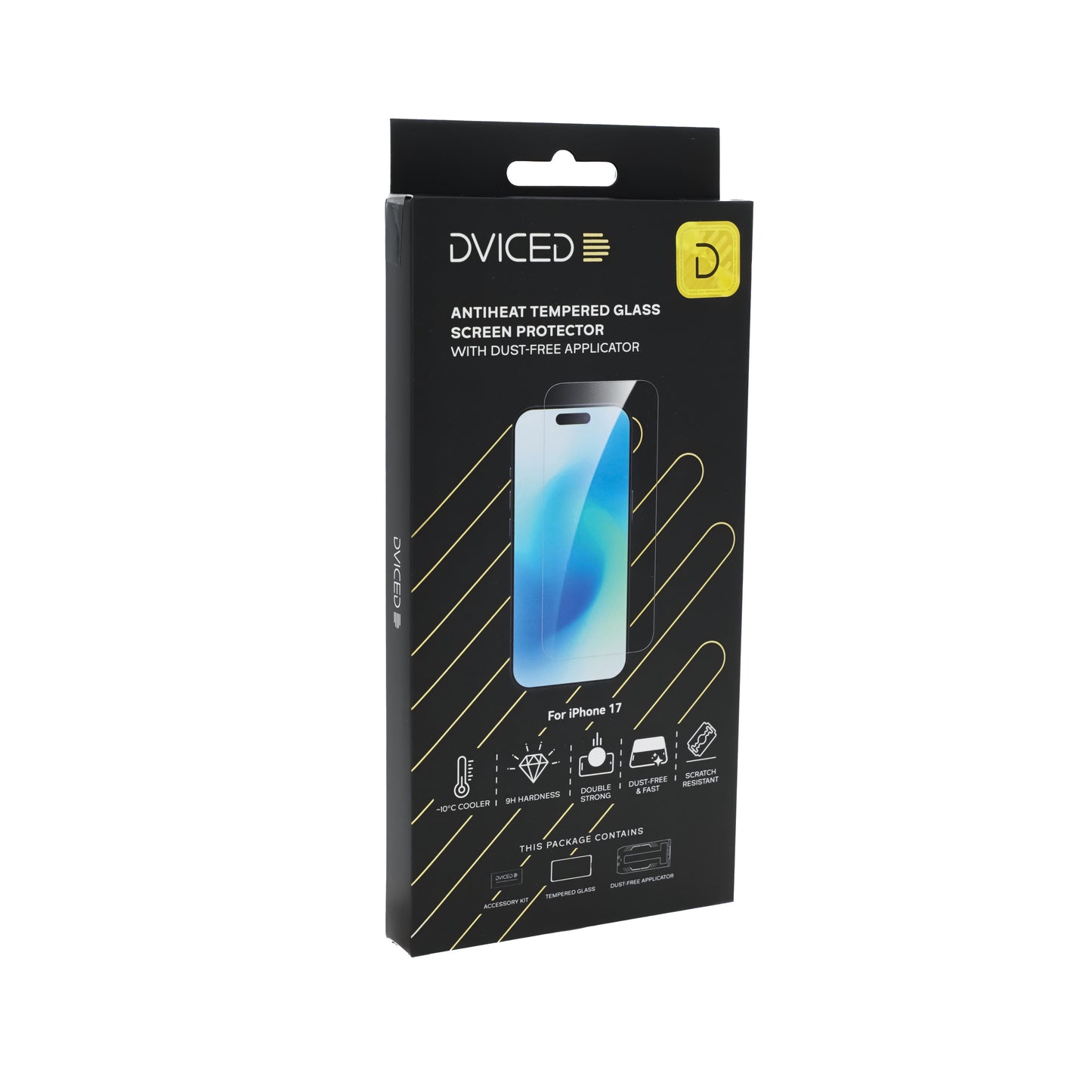 Dviced Протектор за екран от закалено стъкло „AntiHeat“ за iPhone 17 с апликатор за отстраняване на прах