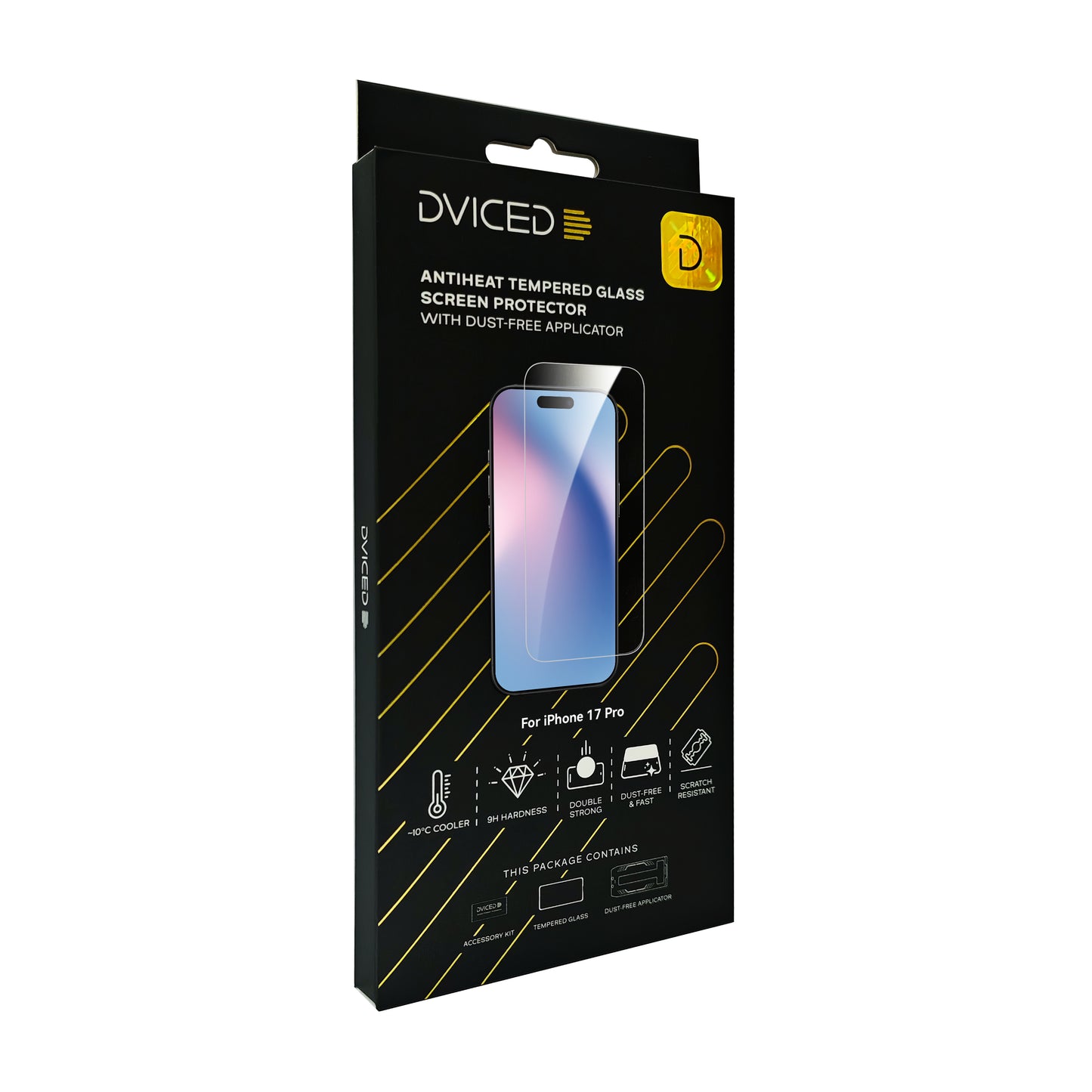 Dviced Протектор за екран от закалено стъкло „AntiHeat“ за iPhone 17 Pro с апликатор за отстраняване на прах
