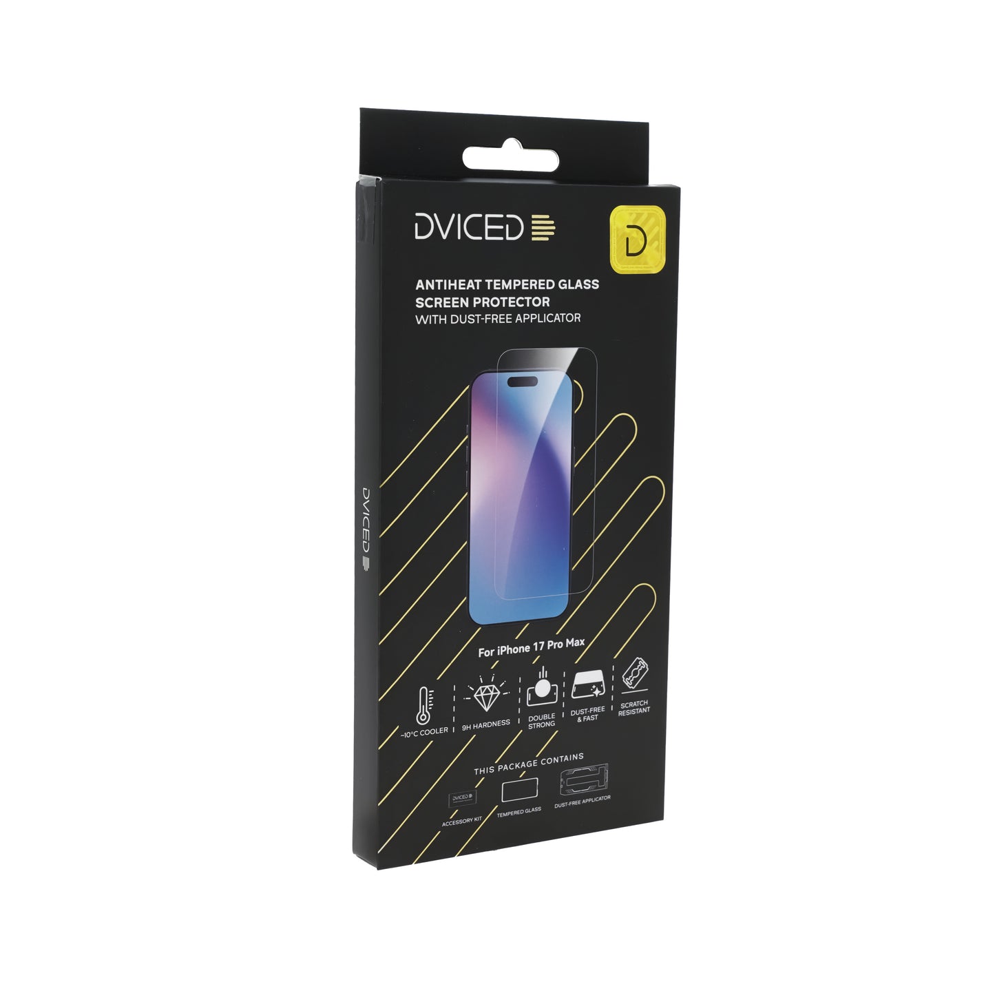 Dviced Протектор за екран от закалено стъкло „AntiHeat“ за iPhone 17 Pro Max с апликатор за отстраняване на прах