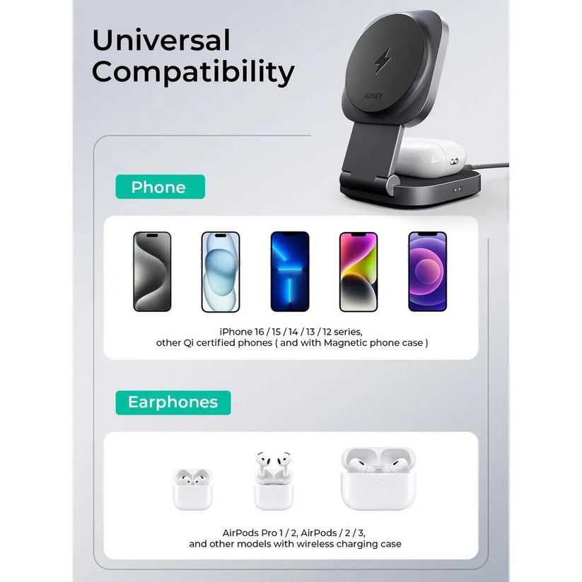AUKEY MagFusion L 2-in-1 Foldable Qi2 Magnetic Fast Wireless Charging Station - iSTYLE BG