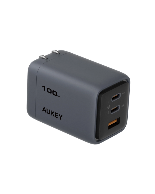 AUKEY Comet Mix 3 100W PD 3-Port GaN Wall Charger with PPS for Laptop & Mobile Gray