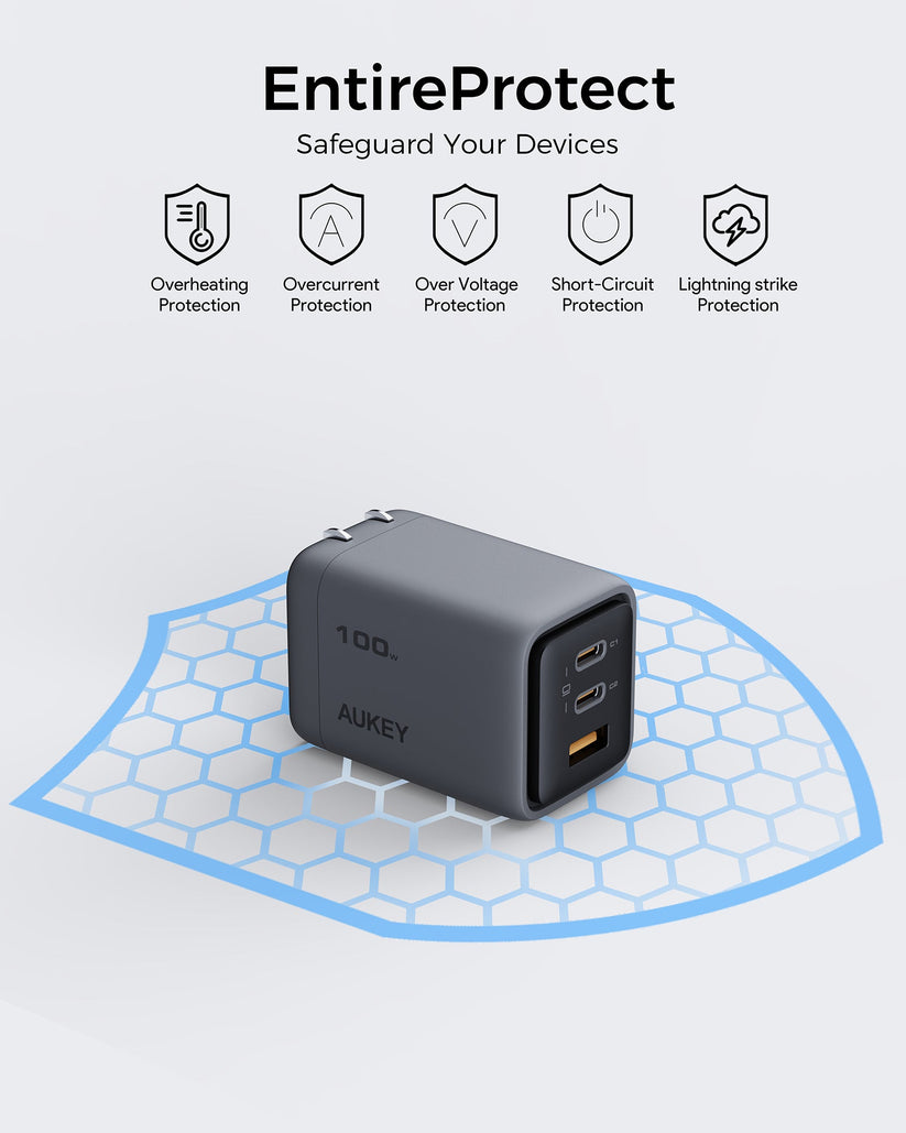 AUKEY Comet Mix 3 100W PD 3-Port GaN Wall Charger with PPS for Laptop & Mobile Gray - iSTYLE BG