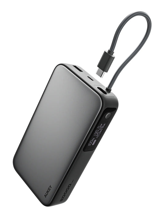 AUKEY Spark Sling 20000 Compact Fast Charging Power Bank with Built-in USB-C Cable Gray