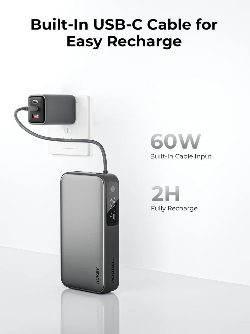 AUKEY Spark Sling 20000 Compact Fast Charging Power Bank with Built-in USB-C Cable Gray - iSTYLE BG