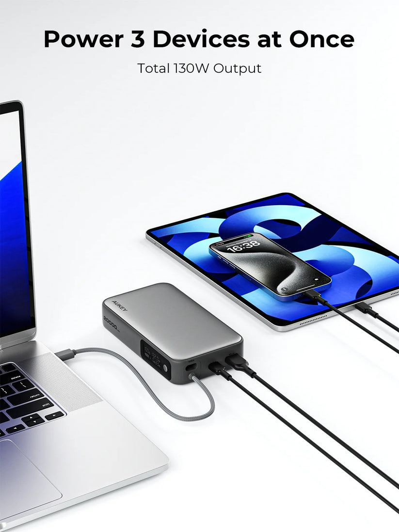 AUKEY Spark Sling 20000 Compact Fast Charging Power Bank with Built-in USB-C Cable Gray - iSTYLE BG