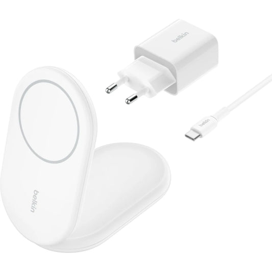 Зарядна стойка със зарядно и кабел от Belkin - BOOSTCHARGE Qi2 - Бяла