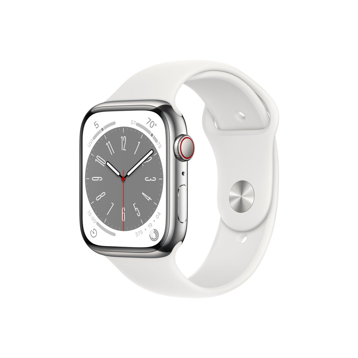 Apple Watch Series 8 GPS + Cellular 45mm Silver Stainless Steel Case with White Sport Band - Regular - iSTYLE BG