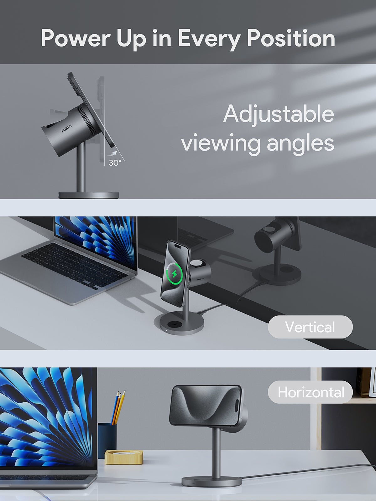 Зарядна стойка от AUKEY 3 в 1 - с активно охлаждане