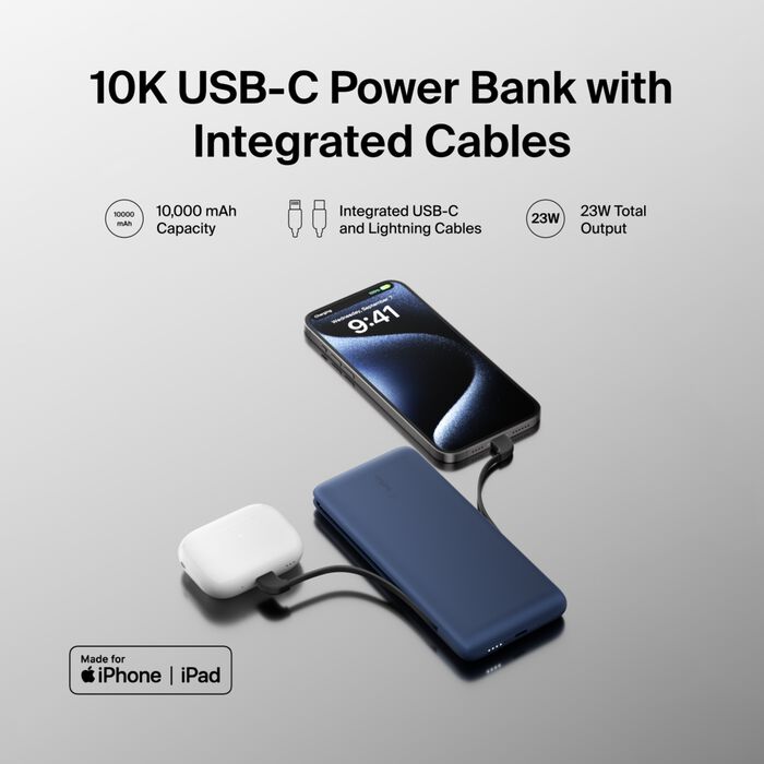 Belkin BOOST CHARGE Plus 10K USB-C Power Bank with Integrated Cables - Blue