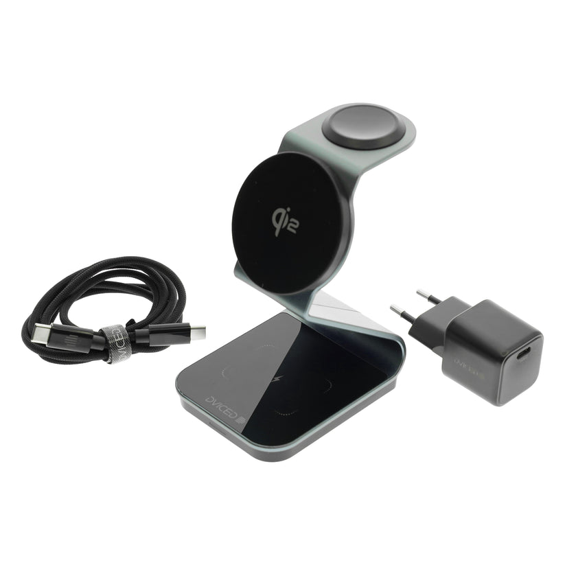 Dviced 3-in-1 Magnetic Qi2 wireless charger stand w cable, wall charger - Tarnish gray - iSTYLE BG