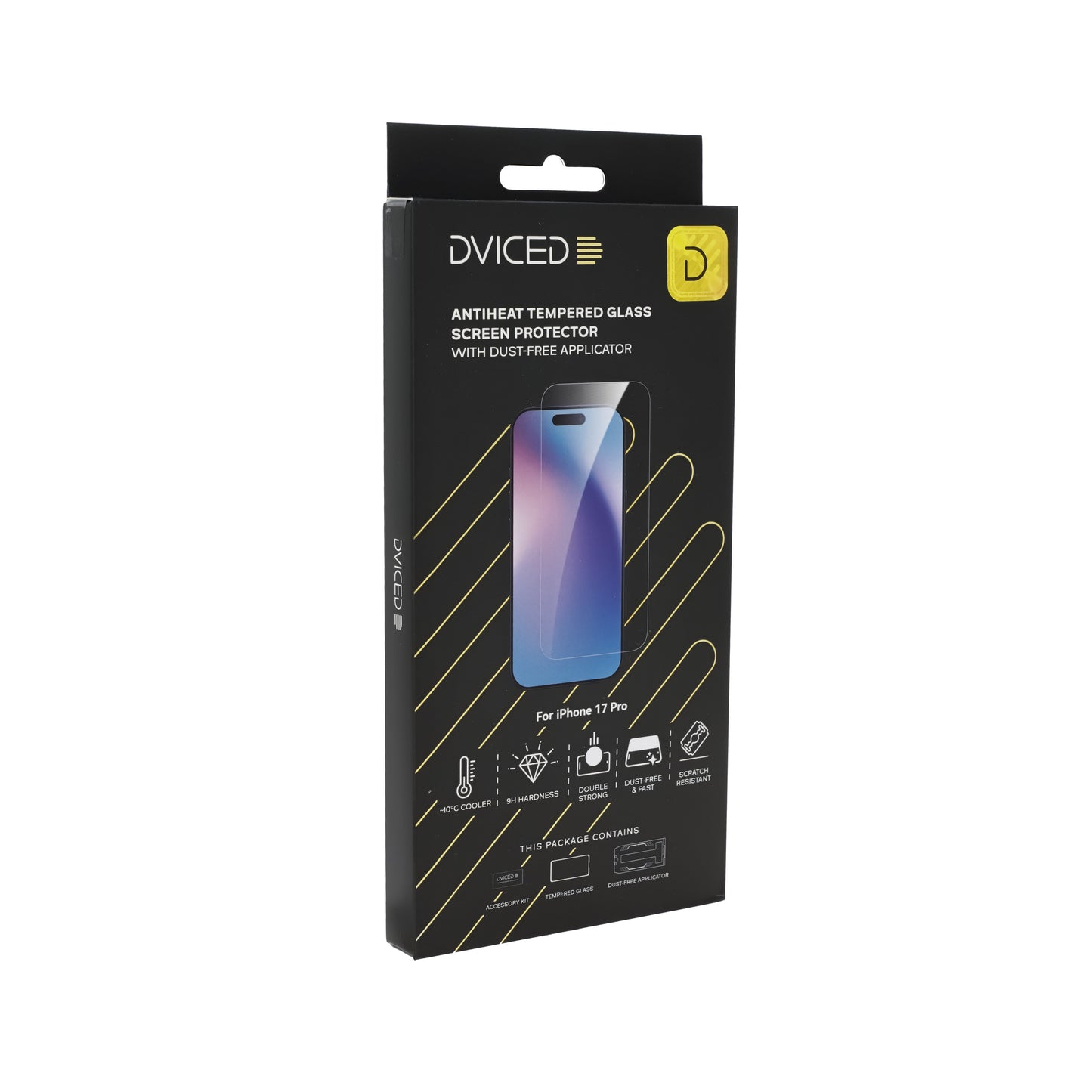 Dviced Протектор за екран от закалено стъкло „AntiHeat“ за iPhone 17 Pro с апликатор за отстраняване на прах