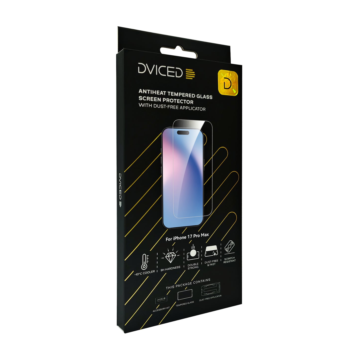 Dviced Протектор за екран от закалено стъкло „AntiHeat“ за iPhone 17 Pro Max с апликатор за отстраняване на прах