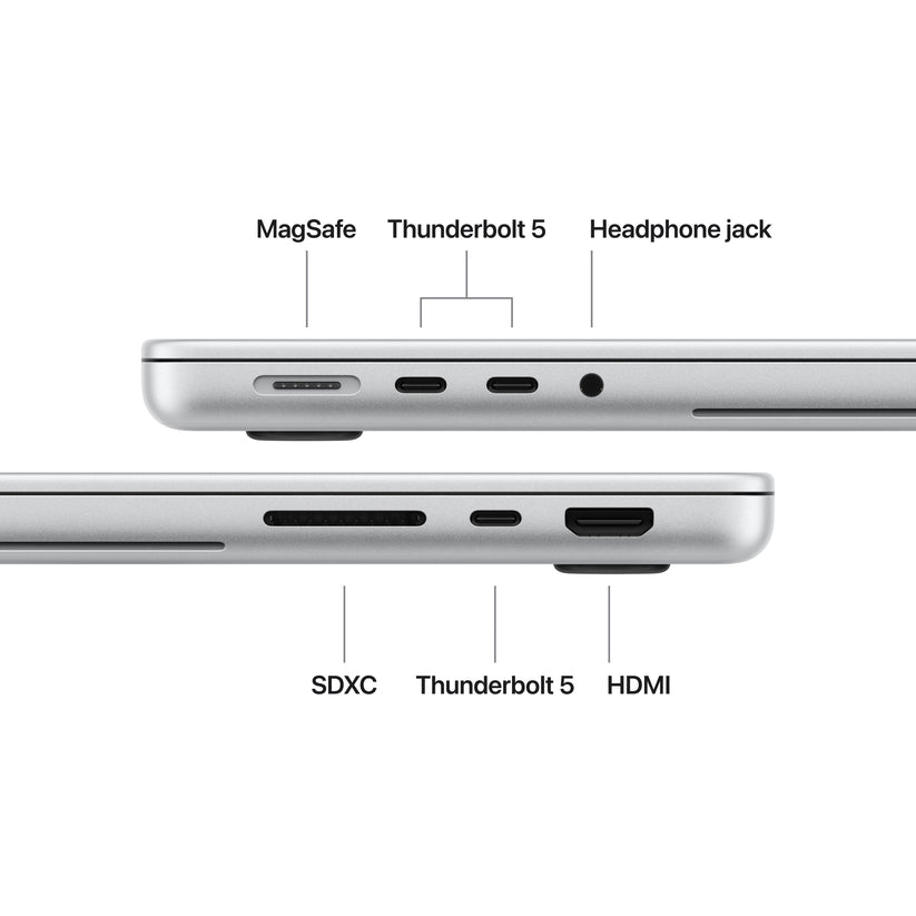 14-inch MacBook Pro with PROLED XDR Display M5 Pro: Apple M5 Pro chip with 15-core CPU, 16-core GPU, 16-core Neural Engine, 24GB, 4TB SSD, Standard display, International English - Silver CTO - iSTYLE.bg