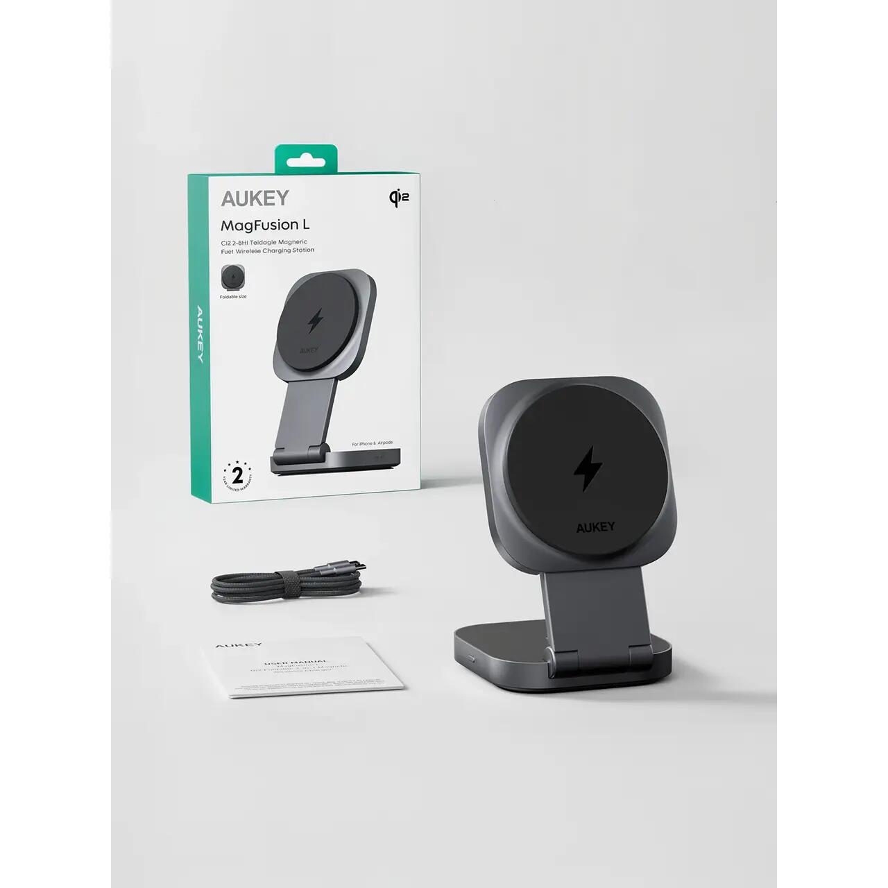 AUKEY MagFusion L 2-in-1 Foldable Qi2 Magnetic Fast Wireless Charging Station