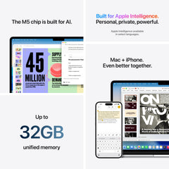 15-инчов MacBook Air:Apple M5 чип с 10-ядрен CPU и 10-ядрен GPU, 512GB SSD, 24GB RAM, International English - Midnight CTO