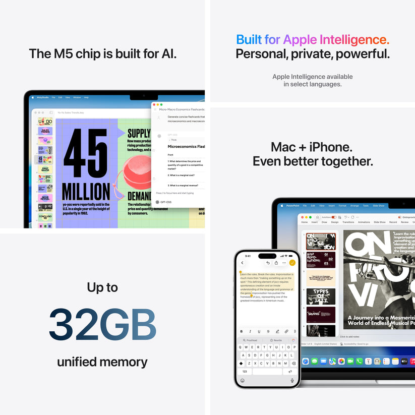15-инчов MacBook Air:Apple M5 чип с 10-ядрен CPU и 10-ядрен GPU, 1TB SSD, 32GB RAM, International English - Silver CTO - iSTYLE.bg