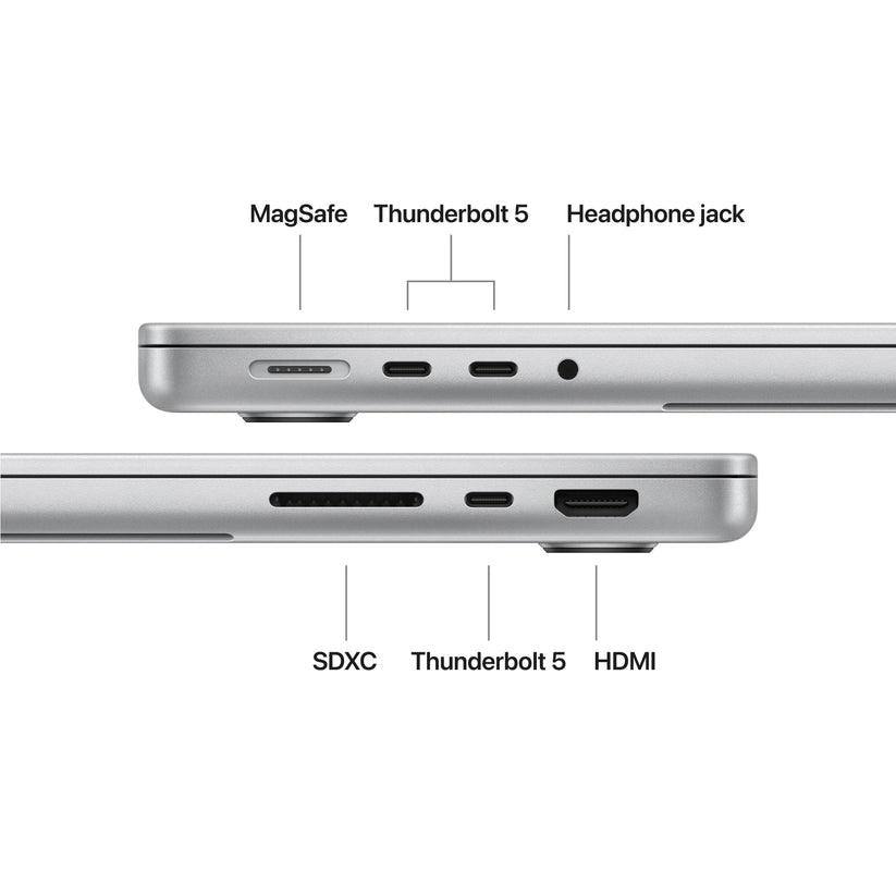 14-инчов MacBook Pro: Apple M5 Pro чип с 18-ядрен CPU и 20-ядрен GPU, 2TB SSD, 64GB RAM, Български език (БДС) - Silver CTO