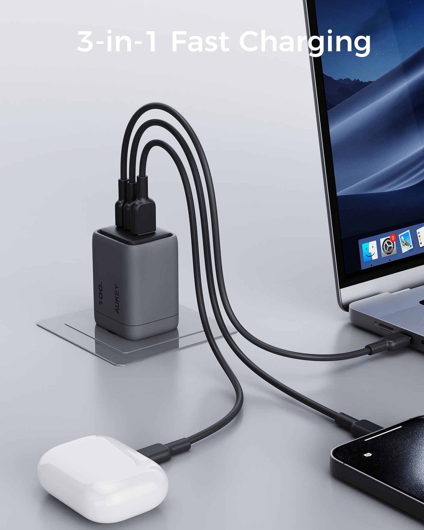 AUKEY Comet Mix 3 100W PD 3-Port GaN Wall Charger with PPS for Laptop & Mobile Gray