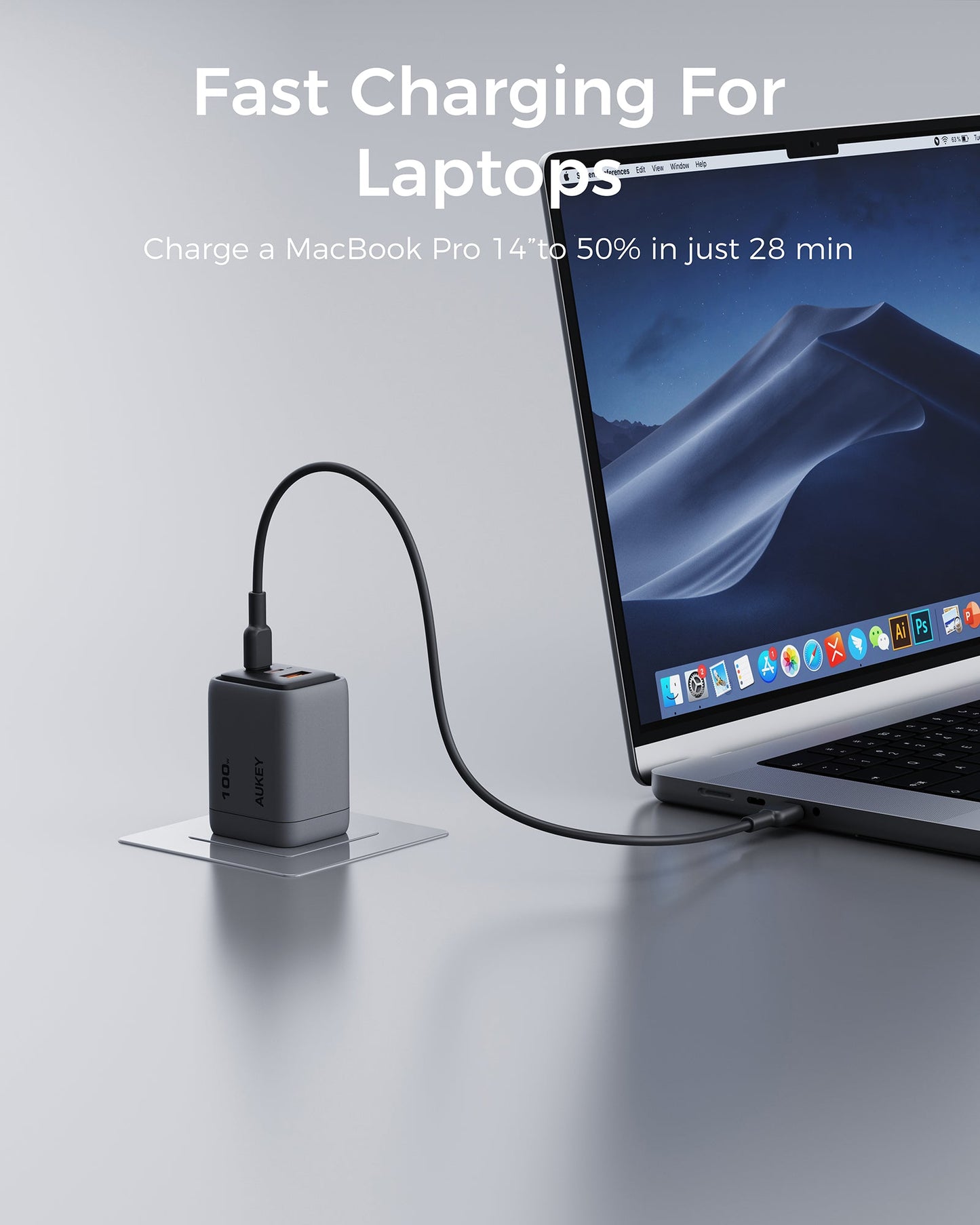 AUKEY Comet Mix 3 100W PD 3-Port GaN Wall Charger with PPS for Laptop & Mobile Gray