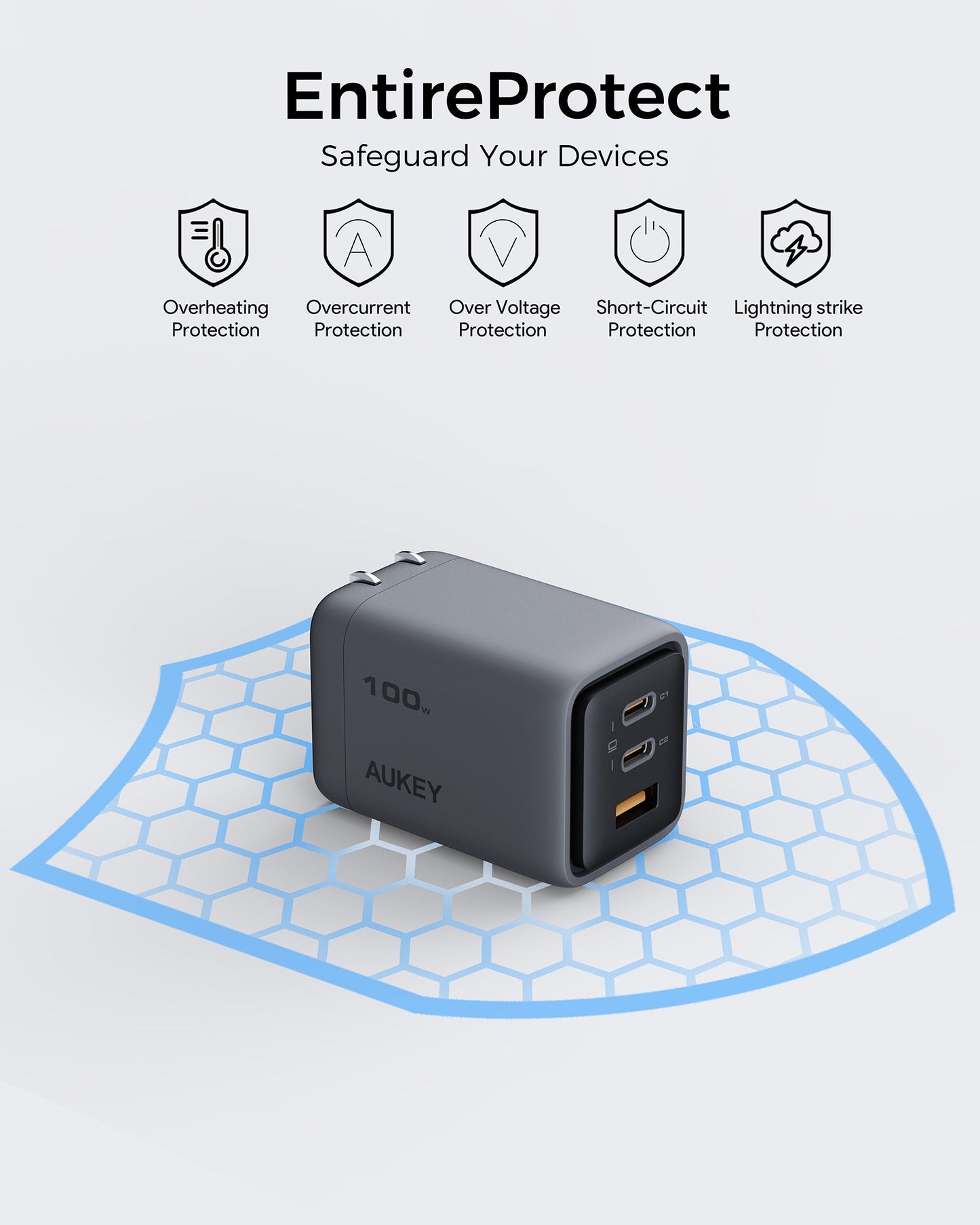 AUKEY Comet Mix 3 100W PD 3-Port GaN Wall Charger with PPS for Laptop & Mobile Gray