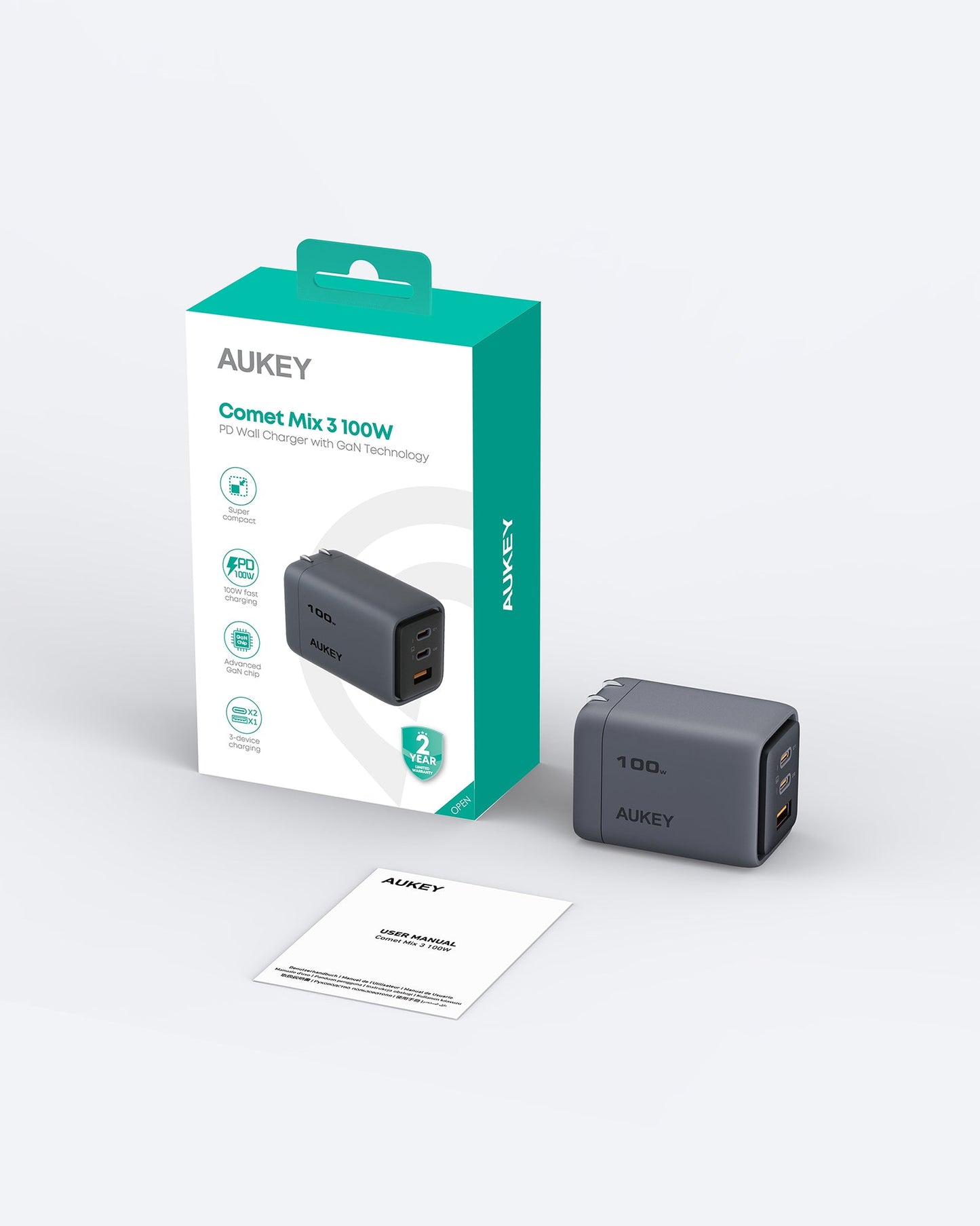 AUKEY Comet Mix 3 100W PD 3-Port GaN Wall Charger with PPS for Laptop & Mobile Gray
