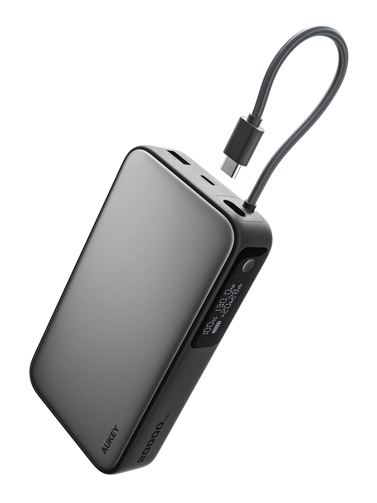 AUKEY Spark Sling 20000 Compact Fast Charging Power Bank with Built-in USB-C Cable Gray