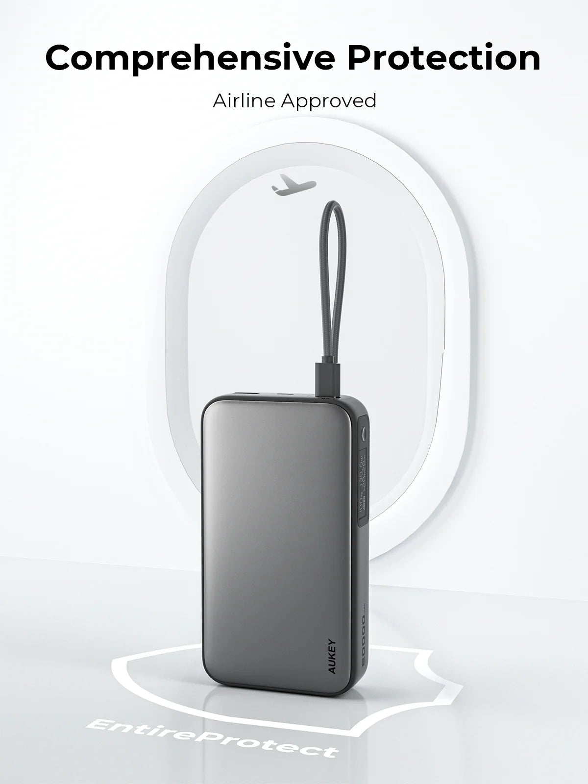 AUKEY Spark Sling 20000 Compact Fast Charging Power Bank with Built-in USB-C Cable Gray