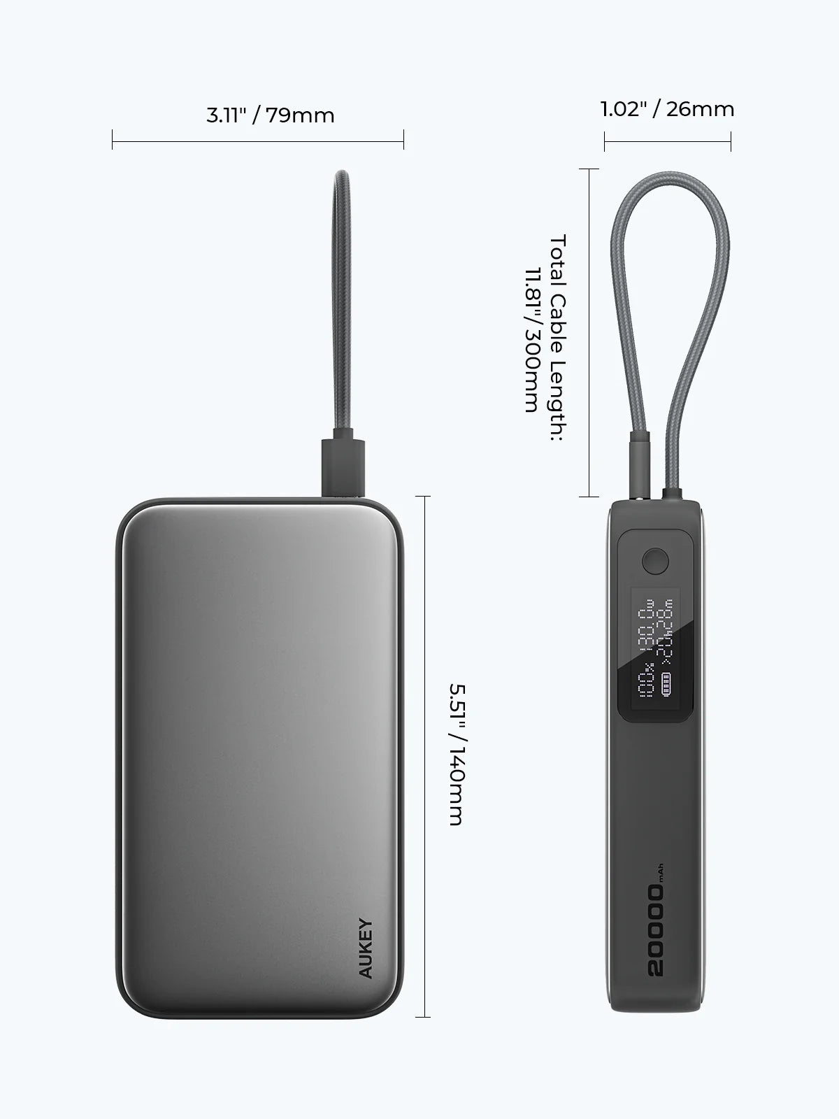 AUKEY Spark Sling 20000 Compact Fast Charging Power Bank with Built-in USB-C Cable Gray
