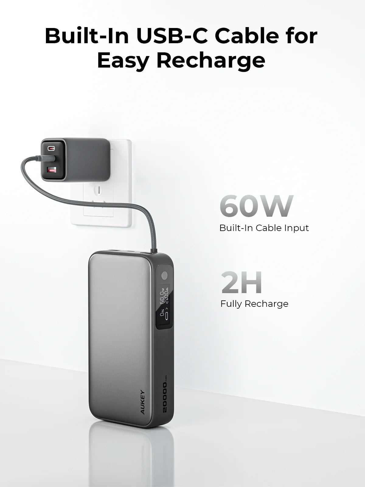 AUKEY Spark Sling 20000 Compact Fast Charging Power Bank with Built-in USB-C Cable Gray