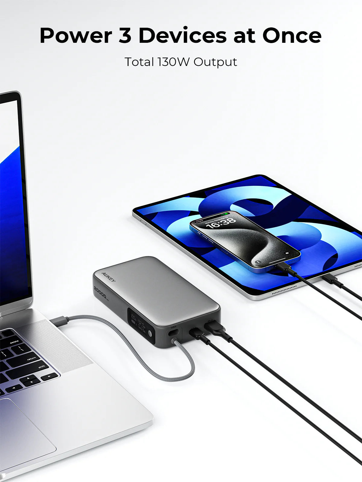 AUKEY Spark Sling 20000 Compact Fast Charging Power Bank with Built-in USB-C Cable Gray