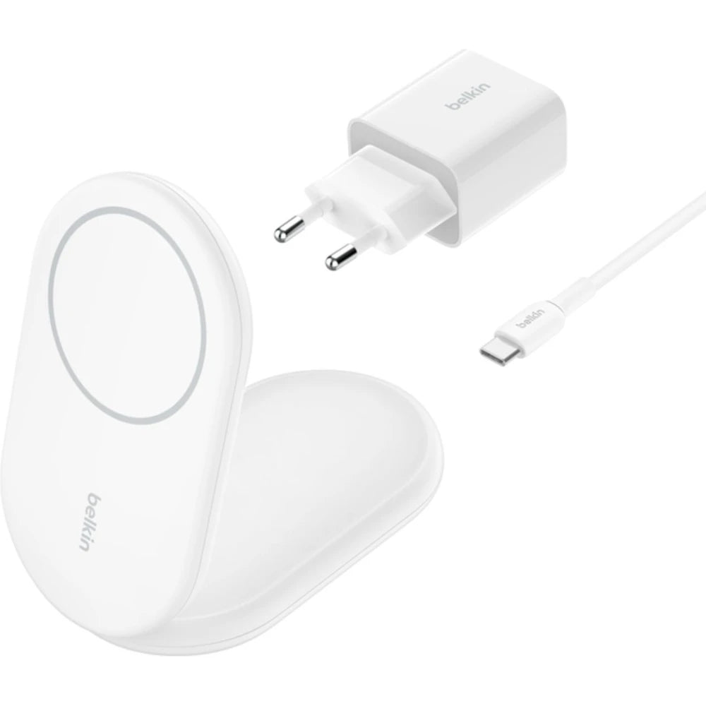 Зарядна стойка със зарядно и кабел от Belkin - BOOSTCHARGE Qi2 - Бяла