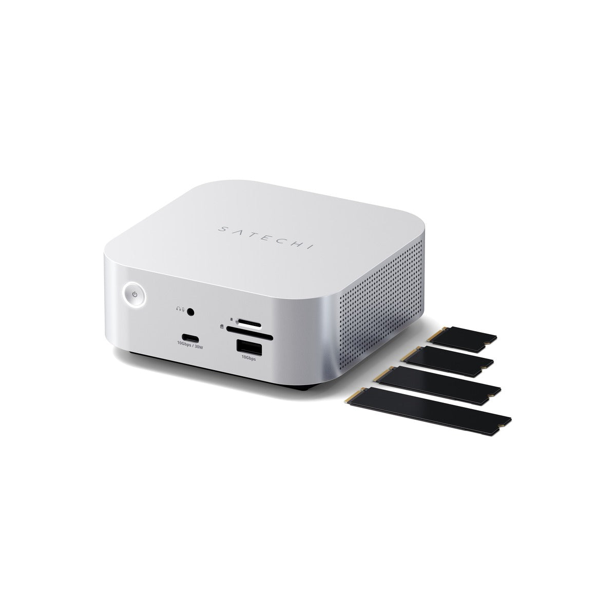 Satechi Thunderbolt 5 докинг станция CubeDock със SSD enclosure, 140W захранване, 2.5Gb Ethernet и SD/microSD четец от Satechi – сребриста