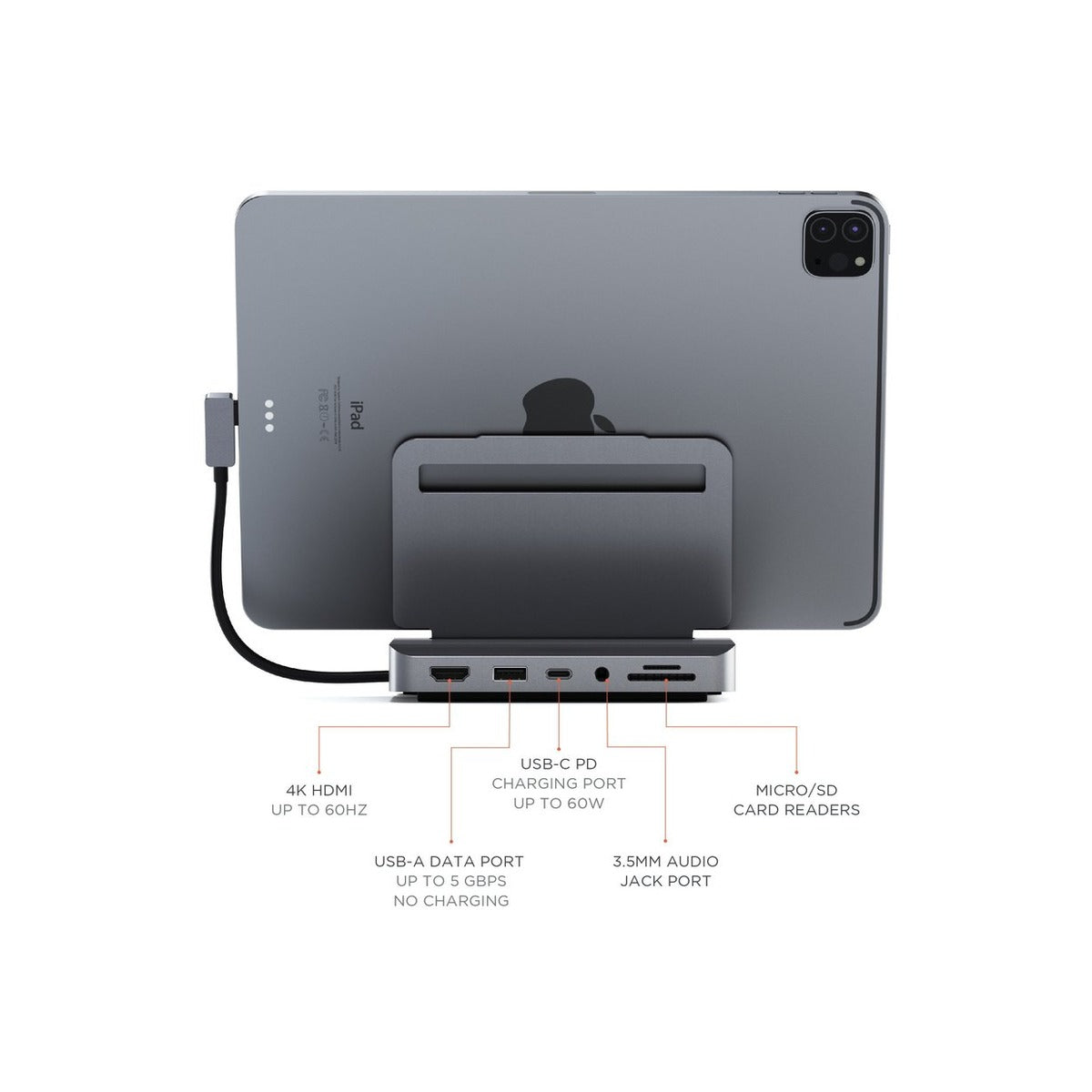 Satechi Aluminium Stand & Hub for iPad Pro (USB-C PD up to 60W,4K HDMI(60Hz),USB-A,SDcard, audio 3.5mm ) - Space Grey