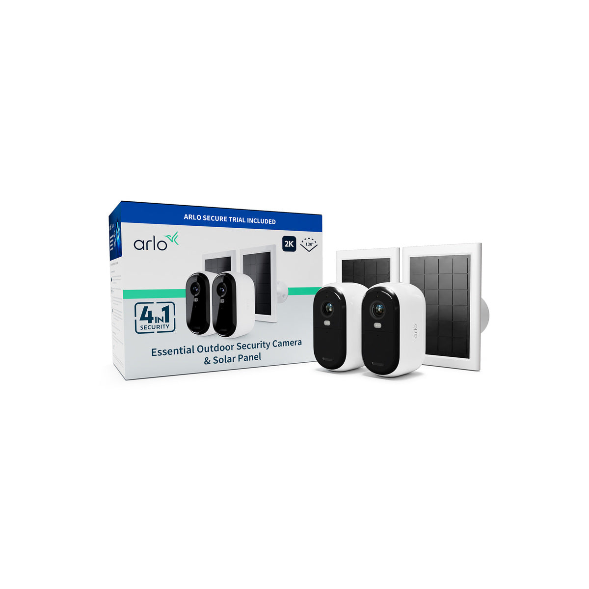 Arlo Essential (Gen.2) Bundle 2K Outdoor Security Camera - 2 Camera Kit + 2 Essential Solar Panel Charger - White