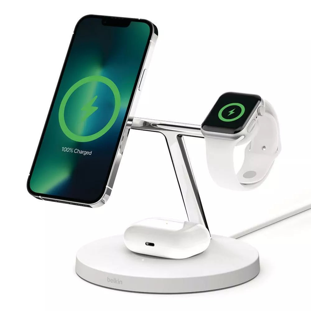 Belkin BOOST CHARGE PRO MagSafe 3-in-1 Charging Stand- Watch fast charge- w PSU (EU Power Supply) - White