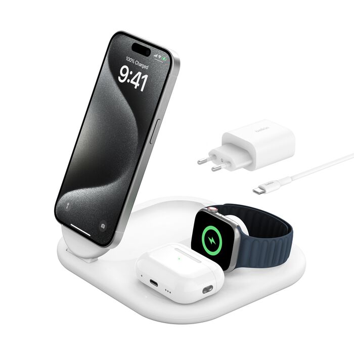 Стойка с кабел и зарядно от Belkin - BOOSTCHARGE Qi2 - бяла