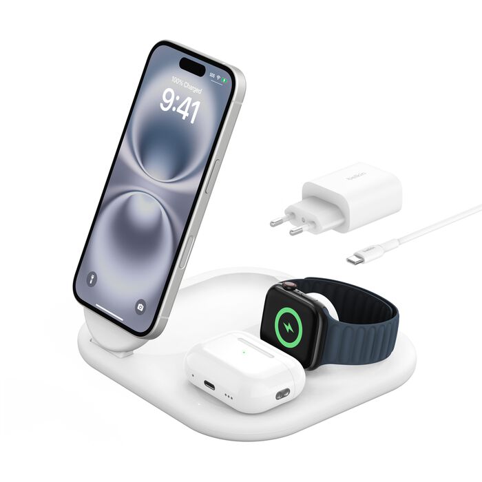 Стойка с кабел и зарядно от Belkin - BOOSTCHARGE Qi2 - бяла