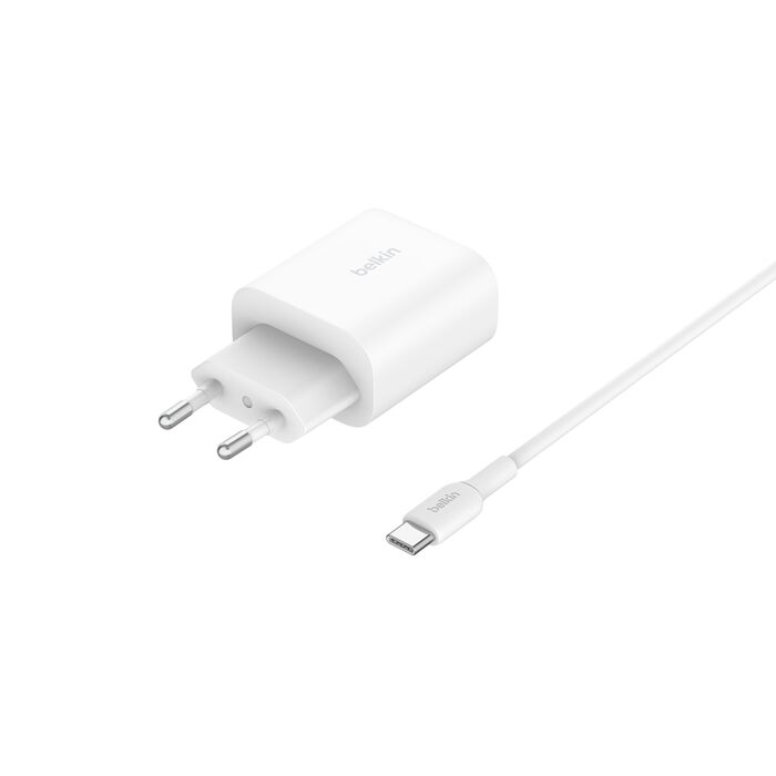 Стойка с кабел и зарядно от Belkin - BOOSTCHARGE Qi2 - бяла