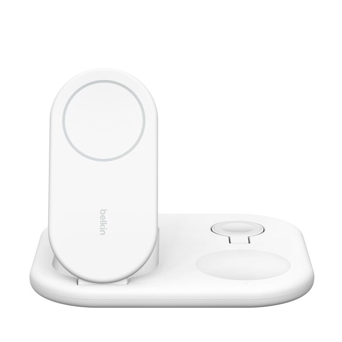 Стойка с кабел и зарядно от Belkin - BOOSTCHARGE Qi2 - бяла