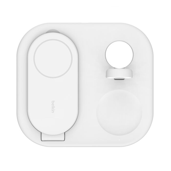 Стойка с кабел и зарядно от Belkin - BOOSTCHARGE Qi2 - бяла