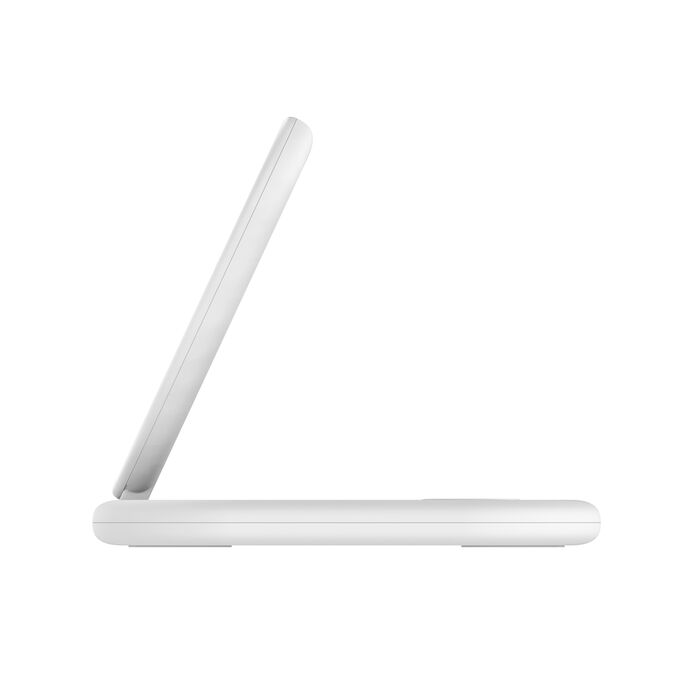 Стойка с кабел и зарядно от Belkin - BOOSTCHARGE Qi2 - бяла
