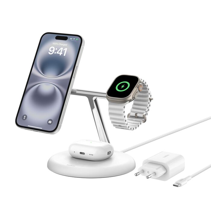 Belkin BOOST CHARGE 3-in-1 Magnetic Wireless Charging Stand with Qi2 15W - White