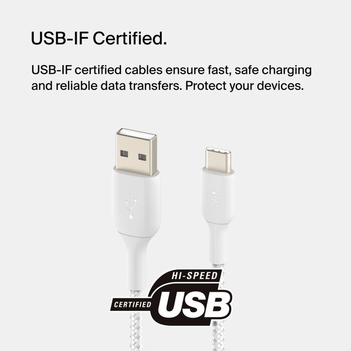 Кабел от Belkin USB-C към USB-A плетен - 1M - бял
