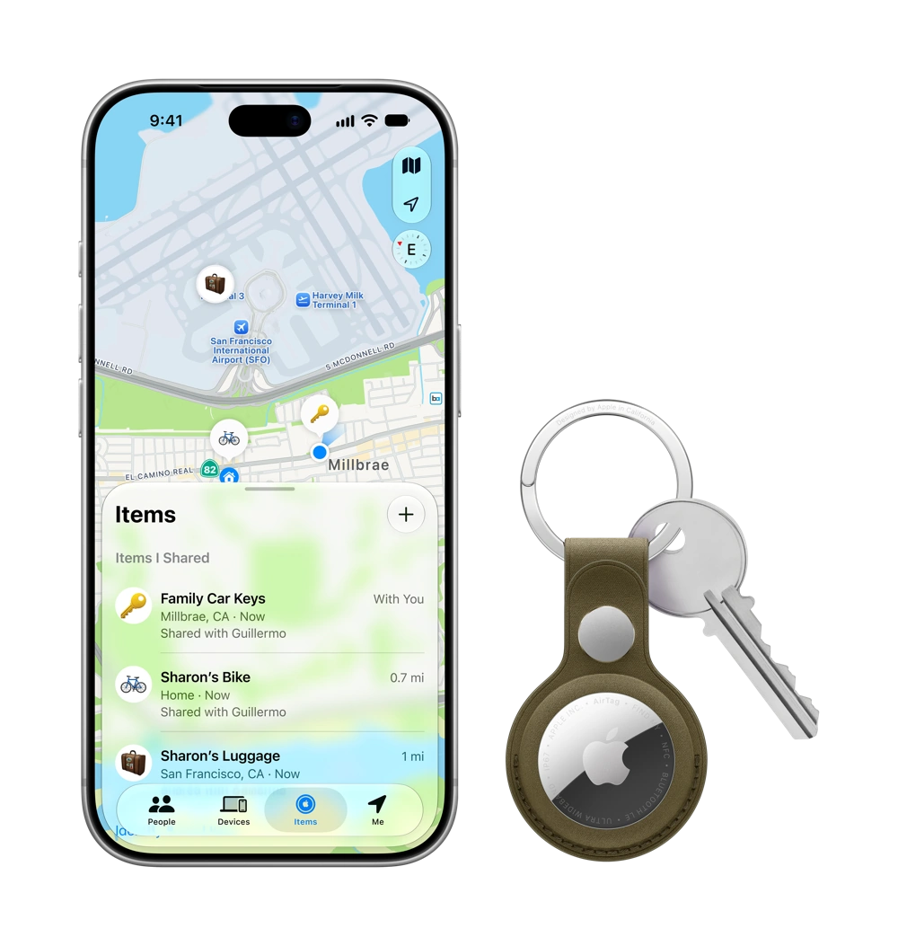 iPhone showing the Find My app and AirTag in a key ring