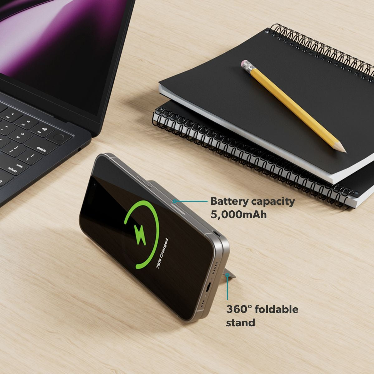 Epico UltraPack Qi2 Stand 5000mAh Alu Mag+ Wireless Power Bank EM52 - titanium